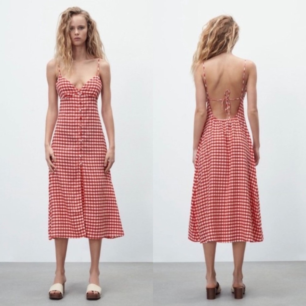 ZARA Strappy Gingham V-Neck Dress